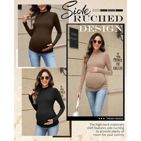 Maternity Shirts Long Sleeve Cotton Ribbed Pregnancy Mock Neck Pack of 4 - Picture 5 of 6
